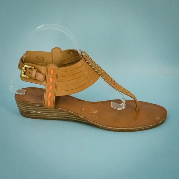 Coach Size 8 Brown Tan Leather Orange Ankle Strap Buckle Thong Flip Flop Sandals - Picture 3 of 7